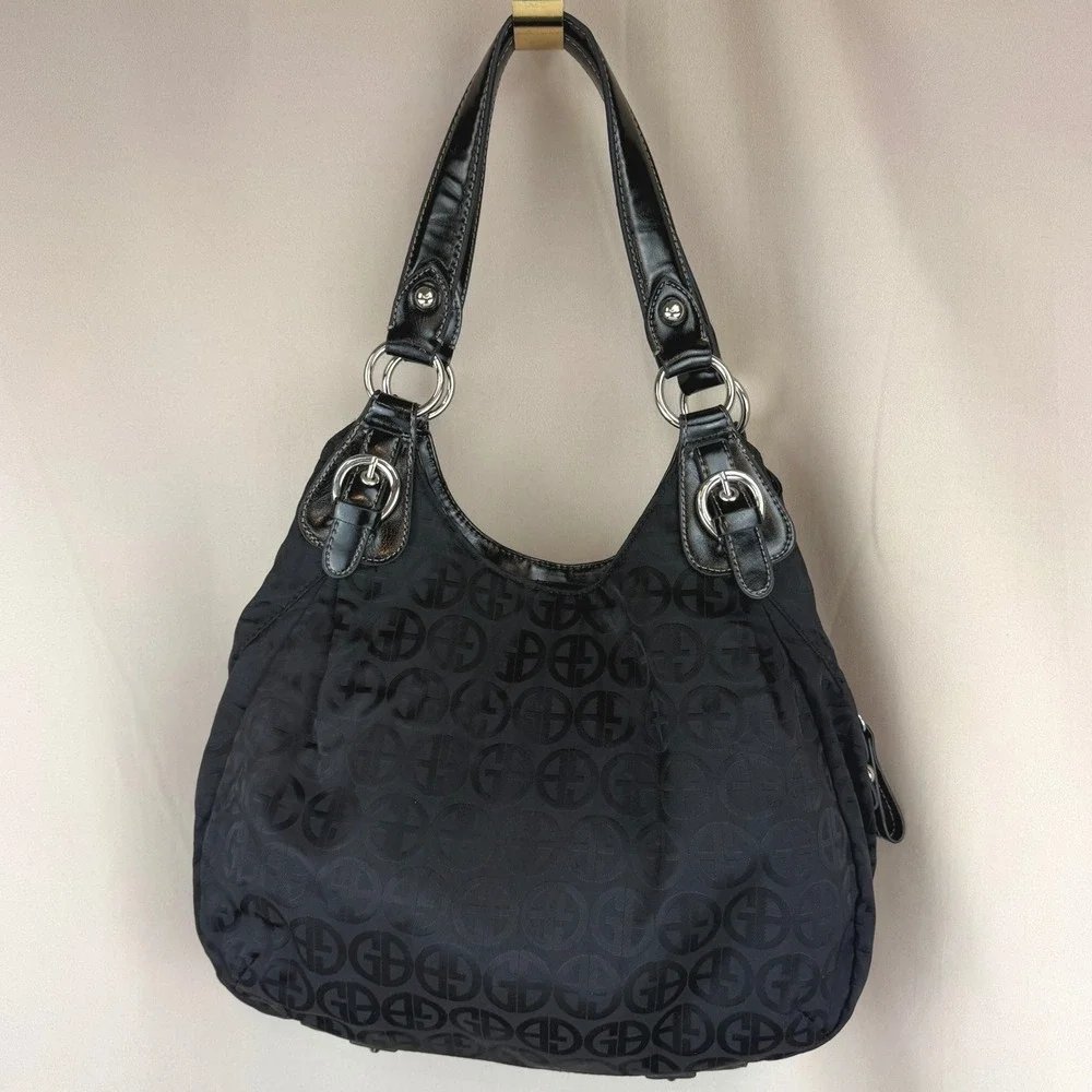 GIANI BERNINI Black Satin Monogram Patent Satchel Purse Buckle Hardware Vegan